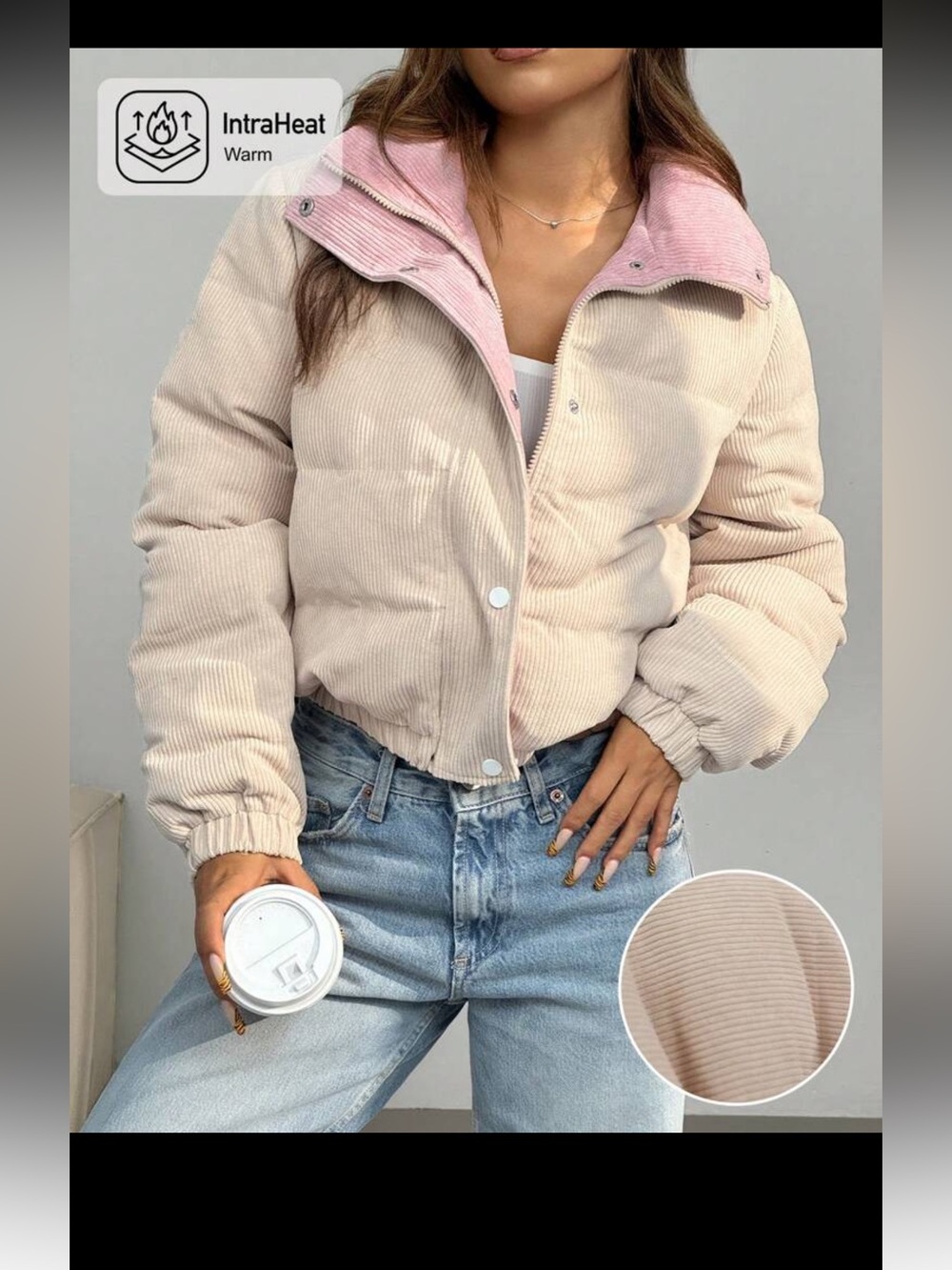 SHEIN Pink Corduroy Puffer Jacket with Soft Pink Collar